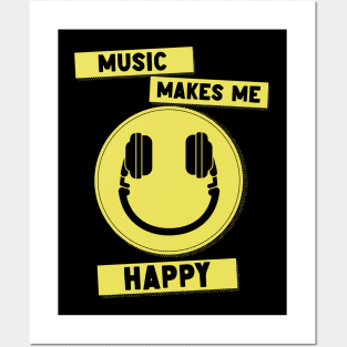 Music Makes Me Happy // Headphones Smiley Face Posters and Art